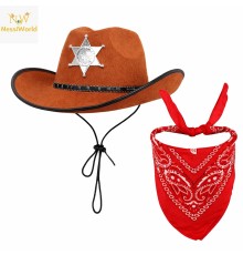 Çocuk Kovboy Şapka Rozetli Kahverengi & Kırmızı Bandana Seti
