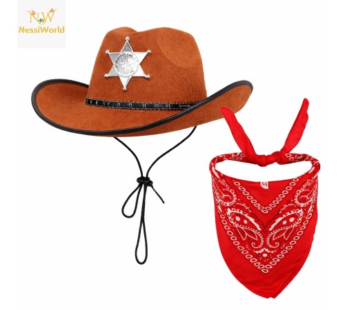 Çocuk Kovboy Şapka Rozetli Kahverengi & Kırmızı Bandana Seti