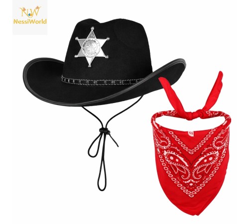 Çocuk Kovboy Şapka Rozetli Siyah & Kırmızı Bandana Seti