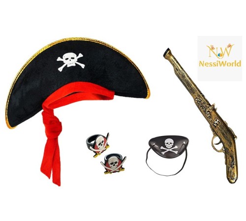 Korsan Şapkası + Tabanca + Maske + 2 Adet Yüzük Kostüm Seti Çocuk
