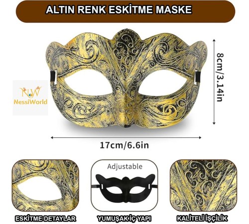 Altın Renk Eskitme Maskeli Balo Maskesi – Venedik Tarzı Parti Maskesi