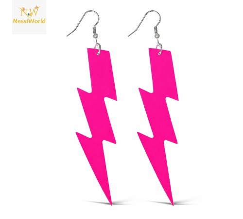 80’ler 90'lar Retro Neon Pembe Şimşek Küpe 10 cm