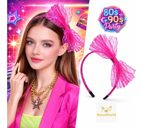 80’ler 90’lar Neon Pembe Dantel Taç Fiyonklu