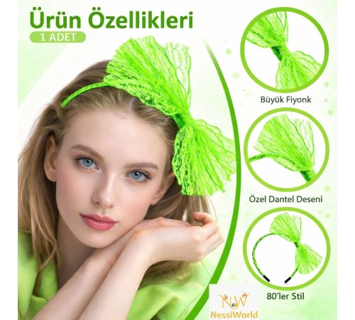 80’ler 90’lar Neon Yeşil Dantel Taç Fiyonklu