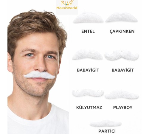 6’lı Yapışkanlı Beyaz Parti Bıyık Seti – Farklı Modeller