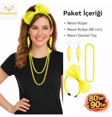 80’ler 90’lar Neon Sarı Parti Seti – Kolye Küpe Taç