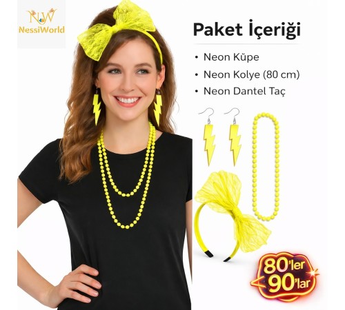 80’ler 90’lar Neon Sarı Parti Seti – Kolye Küpe Taç