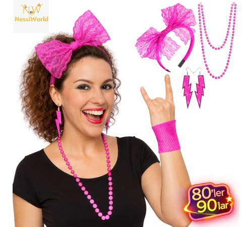 80’ler 90’lar Neon Pembe Parti Seti – Kolye Küpe Taç