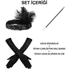 Gatsby Aksesuar Seti – Siyah Charleston Saç Bandı, Uzun Eldiven & Sigaralık