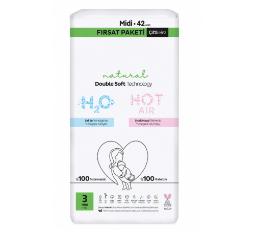 Natural Double Soft Bebek Bezi Fırsat Paketi 3 Beden 42 Adet