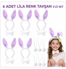 Lila Tavşan Sahne Seti 6'lı Set Taç Papyon Kuyruk