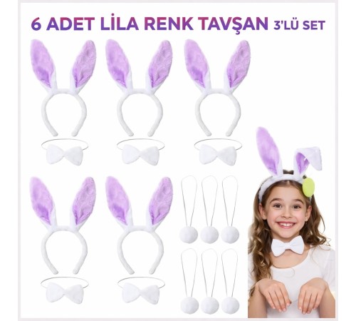 Lila Tavşan Sahne Seti 6'lı Set Taç Papyon Kuyruk