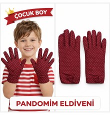 Çocuk Boy Pandomim Eldiveni Beyaz Puantiyeli Bordo Renk Gösteri Eldiveni 23 Nisan 19 Mayıs