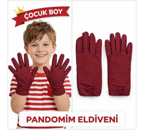 Çocuk Boy Pandomim Eldiveni Beyaz Puantiyeli Bordo Renk Gösteri Eldiveni 23 Nisan 19 Mayıs