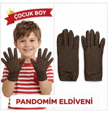 Çocuk Boy Pandomim Eldiveni Beyaz Puantiyeli Kahve Renk Gösteri Eldiveni 23 Nisan 19 Mayıs