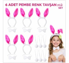 Şeker Pembesi Tavşan Sahne Seti 6'lı Set Taç Papyon Kuyruk
