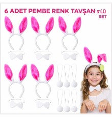 Şeker Pembesi Tavşan Sahne Seti 6'lı Set Taç Papyon Kuyruk