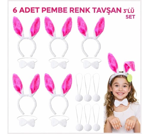 Şeker Pembesi Tavşan Sahne Seti 6'lı Set Taç Papyon Kuyruk
