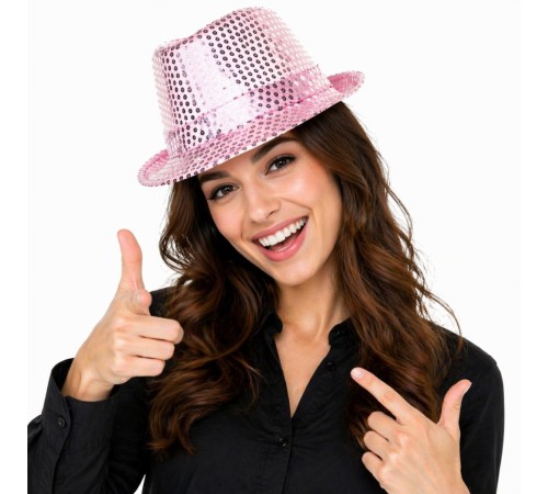 Pembe Payetli Disco Parti Şapkası Yetişkin Işıltılı Fötr Model