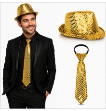 Altın Gold Payetli Şapka ve Kravat Seti – Işıltılı Parti Kombini