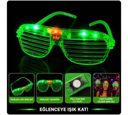 LED Işıklı Panjur Parti Gözlüğü Yeşil Renk Gözlük