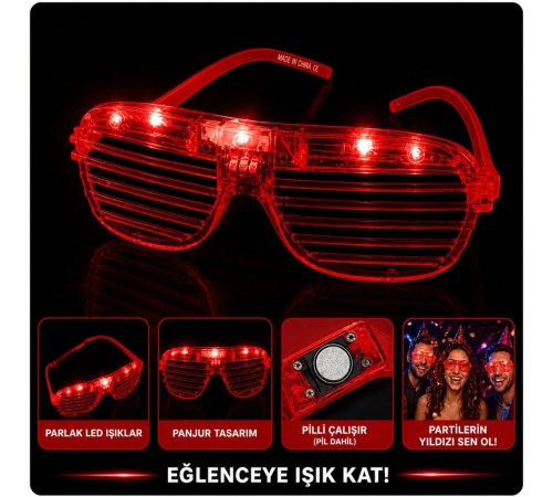 LED Işıklı Panjur Parti Gözlüğü Kırmızı Renk Gözlük