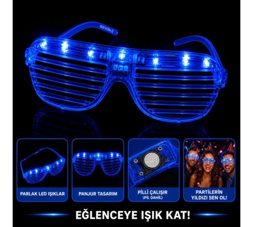 LED Işıklı Panjur Parti Gözlüğü Mavi Renk Gözlük