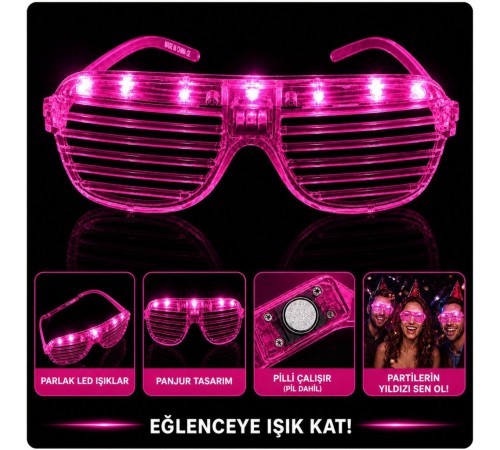 LED Işıklı Panjur Parti Gözlüğü Pembe Renk Gözlük