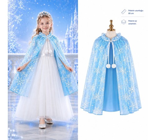 Kar Tanesi Desenli Mavi Pelerini - Astarlı Pelerini 85 cm