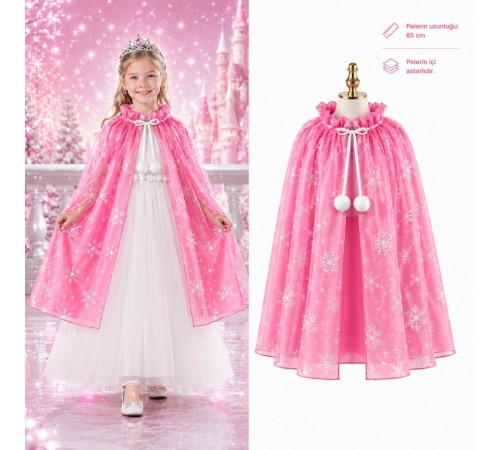 Kar Tanesi Desenli Pembe Pelerini - Astarlı Pelerini 85 cm