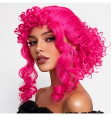 Neon Pembe Bukleli Kıvırcık Cosplay Peruğu - İçi Astarlı