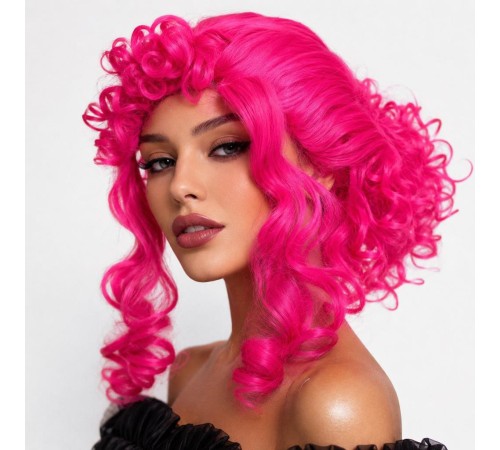Neon Pembe Bukleli Kıvırcık Cosplay Peruğu - İçi Astarlı