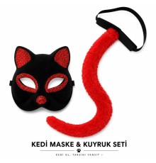 Kırmızı Kedi Maske ve Kuyruk Seti Parti Kostüm Aksesuarı