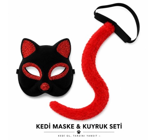 Kırmızı Kedi Maske ve Kuyruk Seti Parti Kostüm Aksesuarı