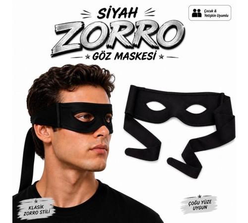 Siyah Zorro Göz Maskesi – Bağlamalı Parti ve Kostüm Aksesuarı