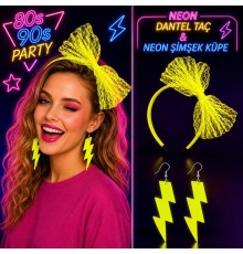 Neon Sarı Dantel Taç ve Şimşek Küpe 80'ler 90'lar Parti Seti