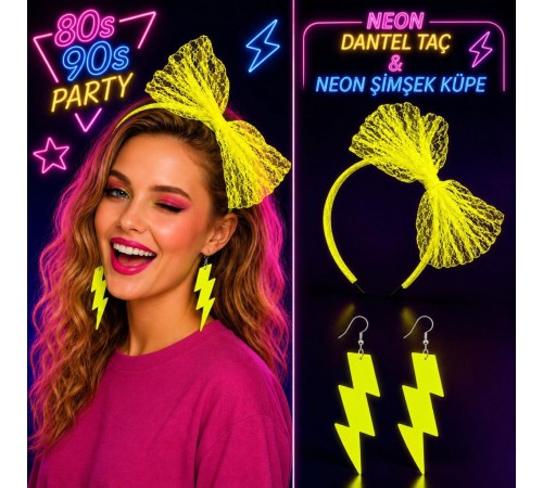 Neon Sarı Dantel Taç ve Şimşek Küpe 80'ler 90'lar Parti Seti
