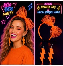 Neon Turuncu Dantel Taç ve Şimşek Küpe 80'ler 90'lar Parti Seti