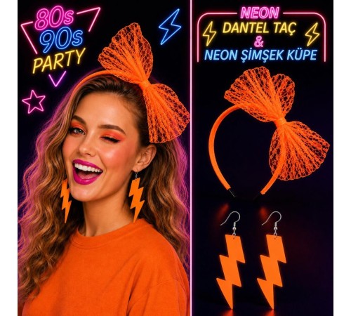 Neon Turuncu Dantel Taç ve Şimşek Küpe 80'ler 90'lar Parti Seti