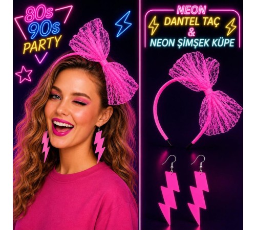 Neon Pembe Dantel Taç ve Şimşek Küpe 80'ler 90'lar Parti Seti