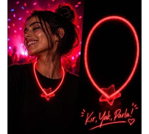Glow Yıldız Kolye Neon Fosforlu Işıklı Kolye Kırmızı Renk