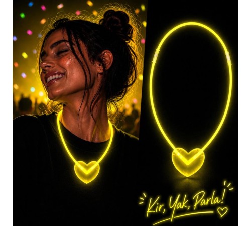 Neon Işıklı Fosforlu Kalp Parti Kolyesi Sarı Renk