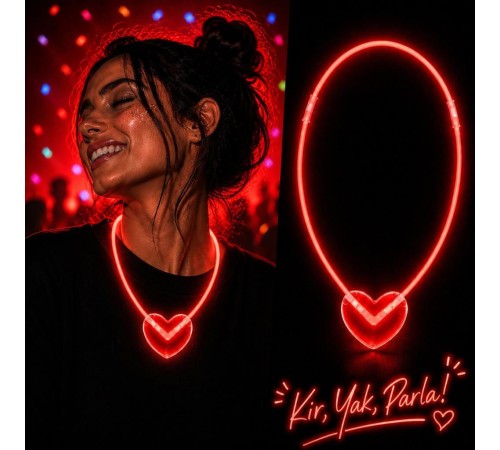 Neon Işıklı Fosforlu Kalp Parti Kolyesi Kırmızı Renk
