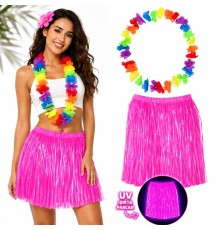Neon Pembe Hawaii Etek 40 cm ve Rengarenk Hawaii Kolye