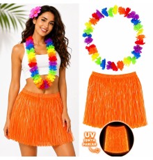 Neon Turuncu Hawaii Etek 40 cm ve Rengarenk Hawaii Kolye