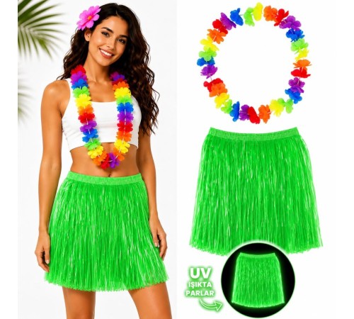 Neon Yeşil Hawaii Etek 40 cm ve Rengarenk Hawaii Kolye