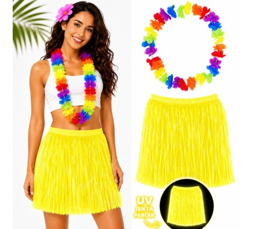 Neon Sarı Hawaii Etek 40 cm ve Rengarenk Hawaii Kolye