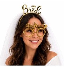 Bride Yazılı Gold Taç ve Parti Gözlüğü Seti