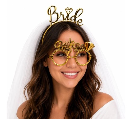 Bride Yazılı Gold Taç ve Parti Gözlüğü Seti