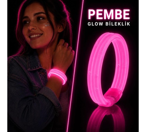 Pembe Kalın Glow Bileklik – Kırılarak Yanan Parti ve Festival Bilekliği